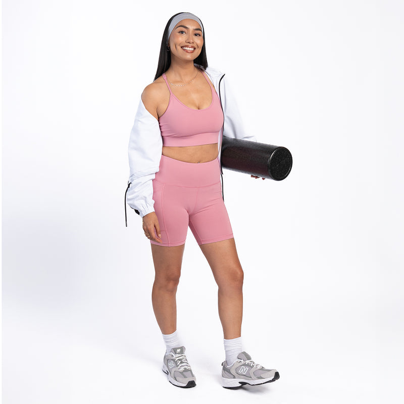 Rose pink sports bra with scoop neckline and wide underband