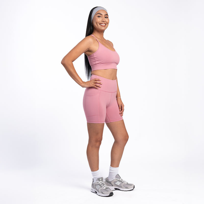 Rose pink sports bra with scoop neckline and stretch underband