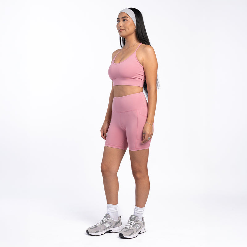 Rose pink sports bra with scoop neckline and wide underband