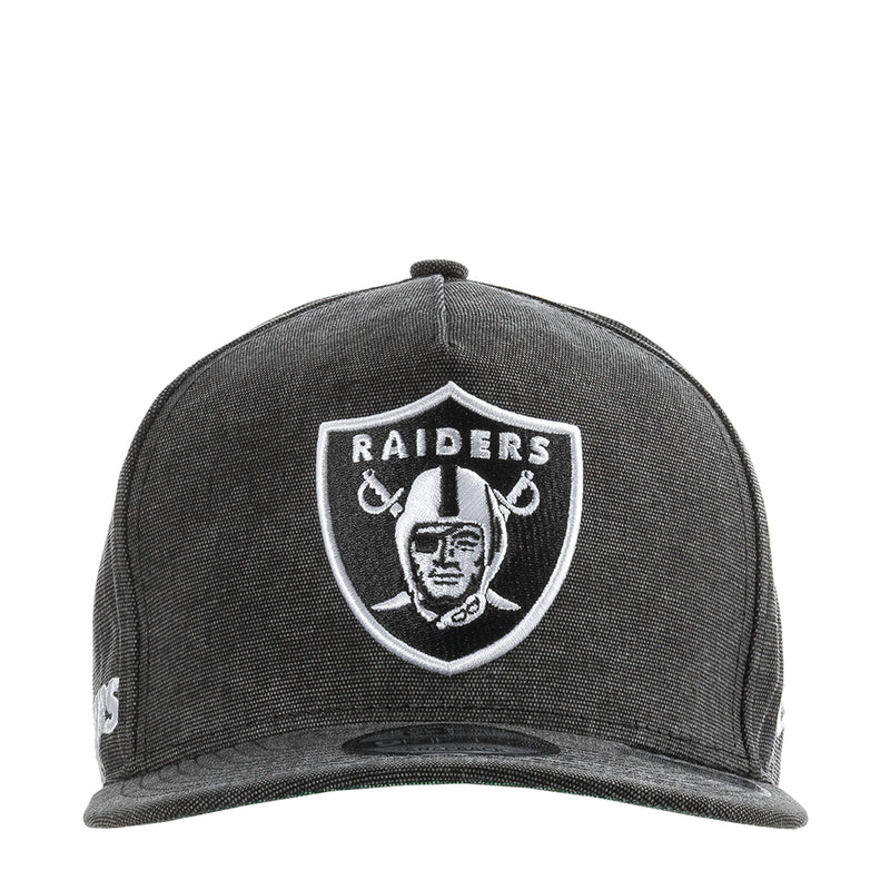 Washed black Raiders denim cap with white front shield logo embroidery