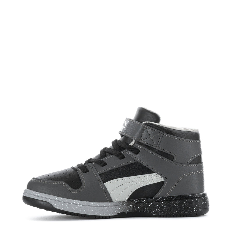 Kids high-top sneakers, side view in dark gray with light gray strap and lace-up.
