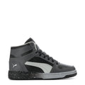 Youth high-top sneakers, dark grey with black accents and light grey stripe, speckled sole
