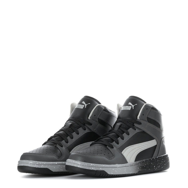 Pair of youth high-top sneakers, black laces, dark grey uppers with light grey stripe