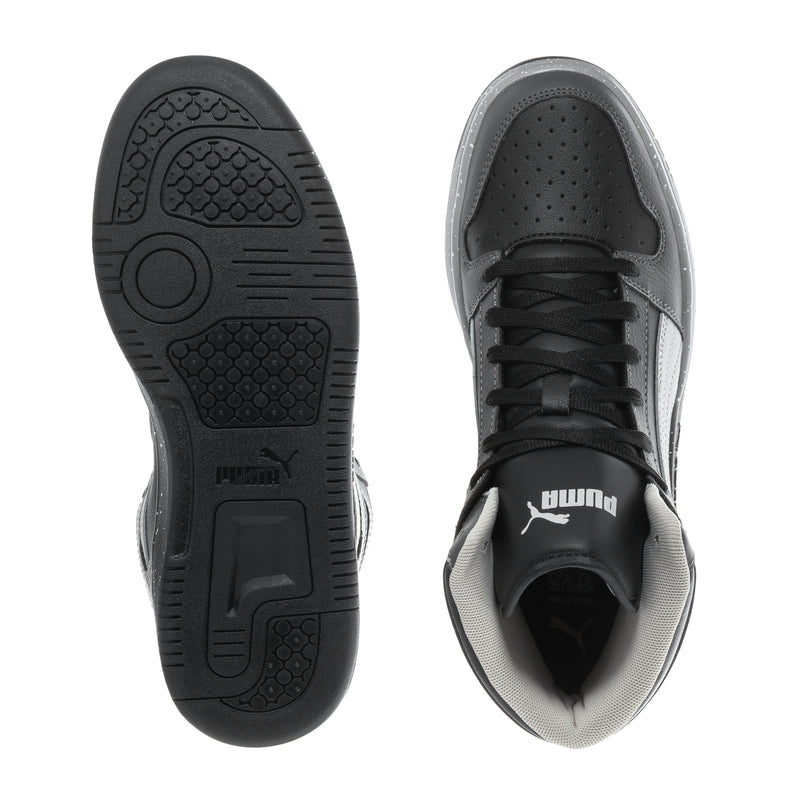 Youth high-top sneaker outsole and interior view, black tread and grey upper