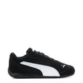 Kids black sneakers with white side stripe and Puma logo on tongue and quarter