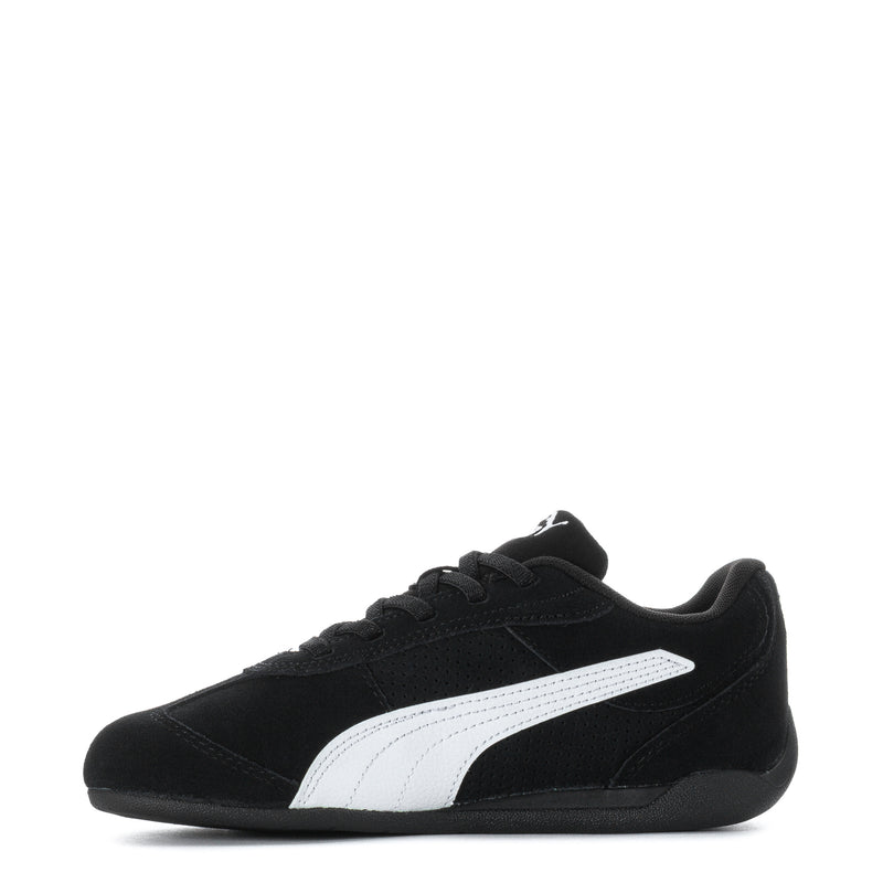Kids black low-top sneakers with white Puma stripe and lace-up closure