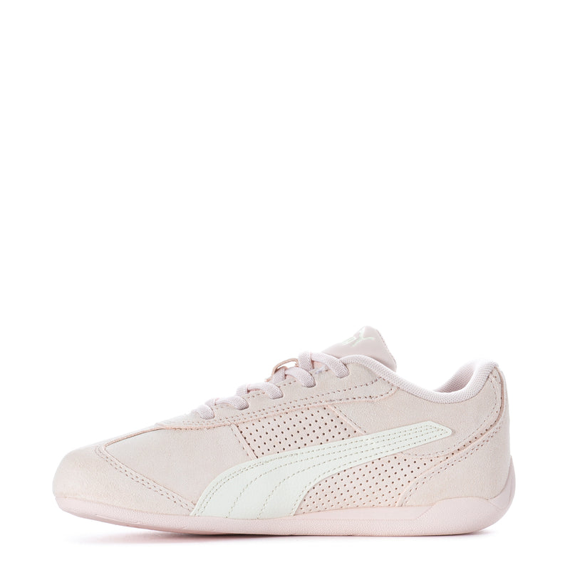 Kids low-top sneakers, side view, light beige suede with white laces and mint stripe