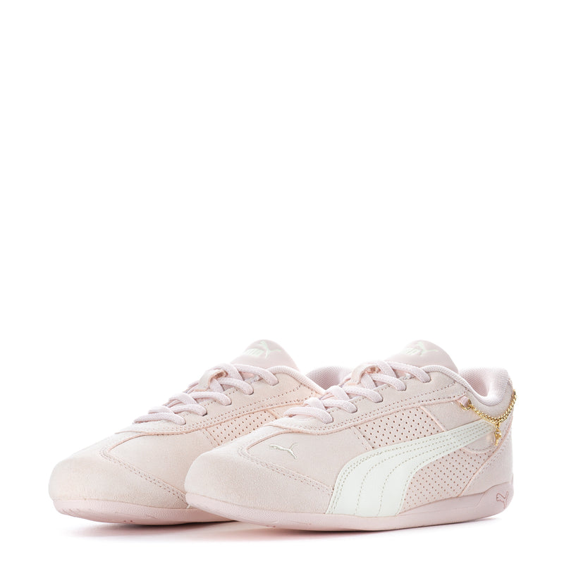Kids low-top sneakers pair, front view, light beige uppers with mint and gold accents