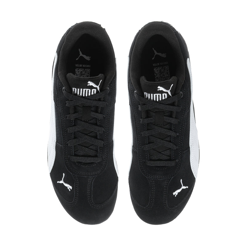 Pair of women's black sneakers with laces and PUMA logo at heel, top view