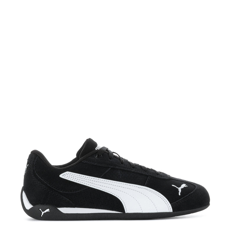 Youth black Puma suede sneakers with white stripe and lace-up front