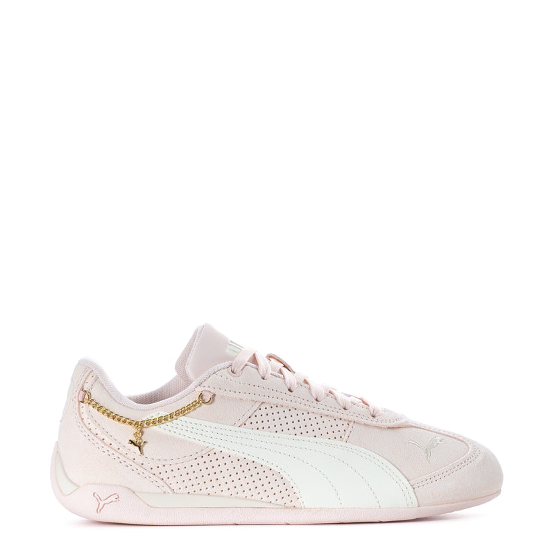 Youth sneakers in light pink with mint stripe and gold chain trim, lace-up