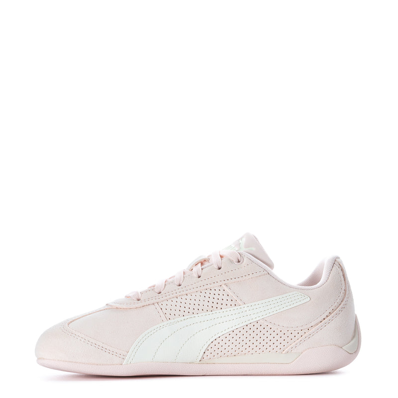 Youth lace-up sneakers, light pink upper with mint panel and gold trim