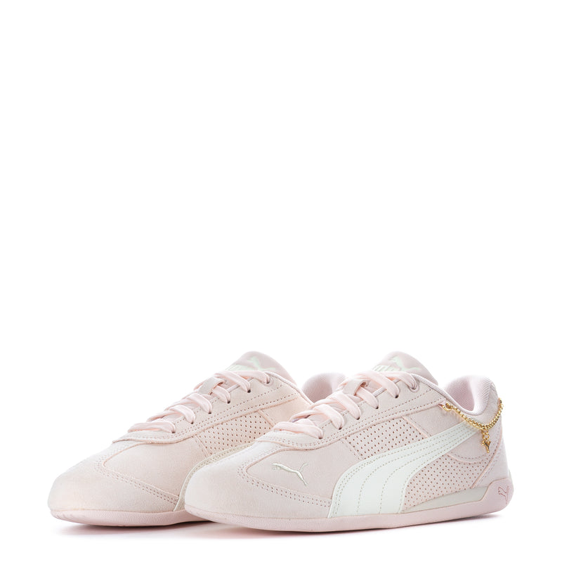 Youth sneaker pair, light pink with mint stripes and gold side detail, lace-up