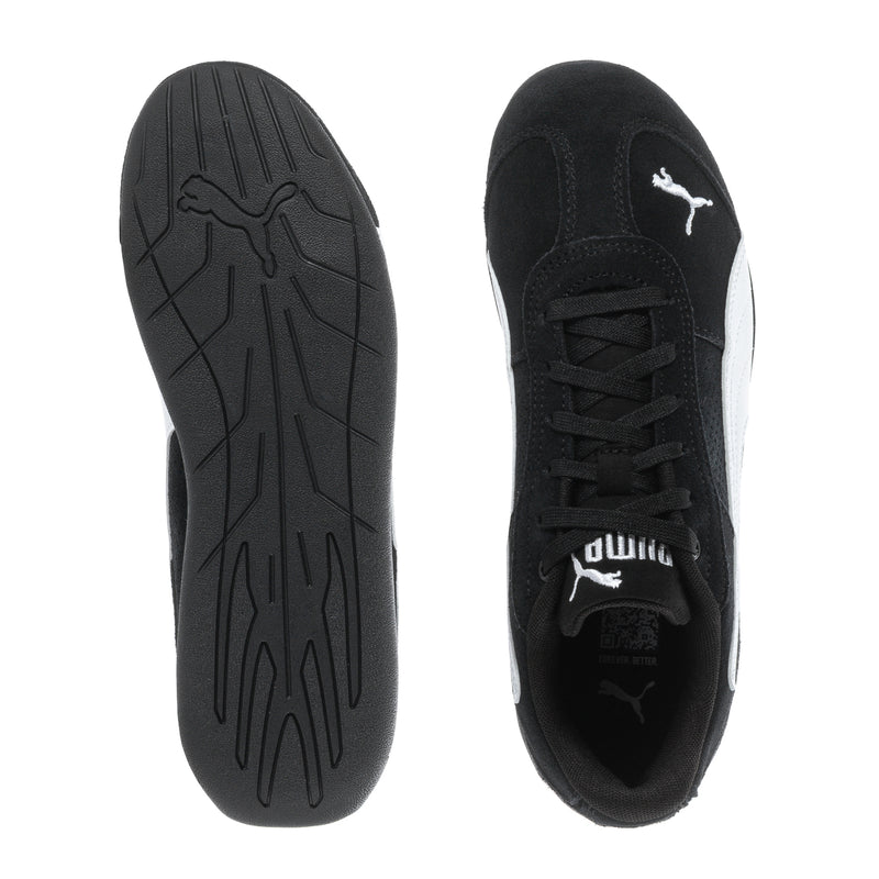 Youth black sneakers outsole and side profile, textured tread and Puma logo