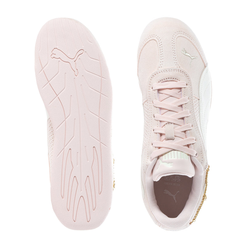 Youth sneakers, light pink uppers with laces; sole and toe logo shown