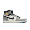 Mens high-top sneakers with white leather panels, gray suede, black Swoosh, blue outsole trim