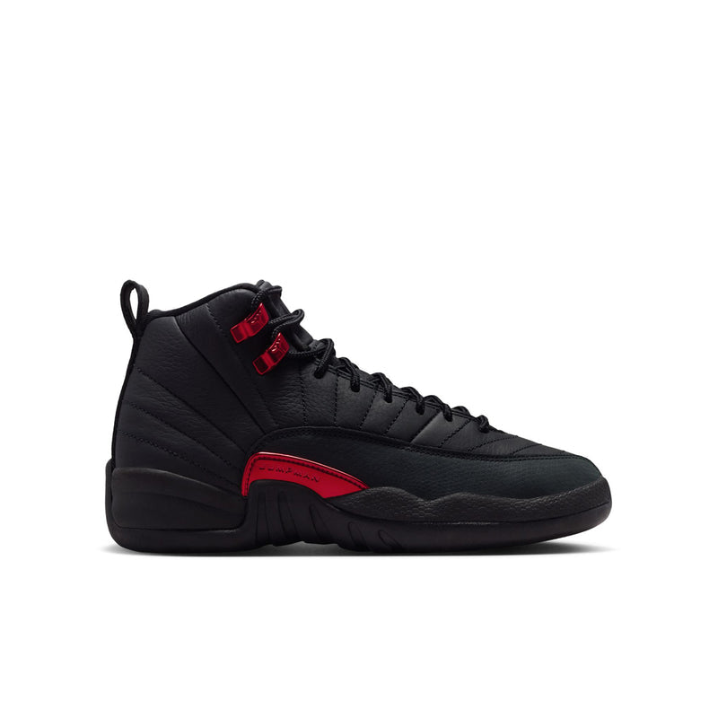 Youth high-top sneakers in black with red accent panels and lace-up design