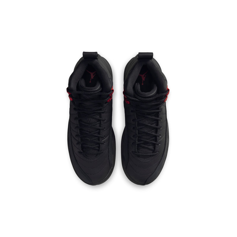 Youth high-top sneakers, back view: black uppers with black laces and red accents