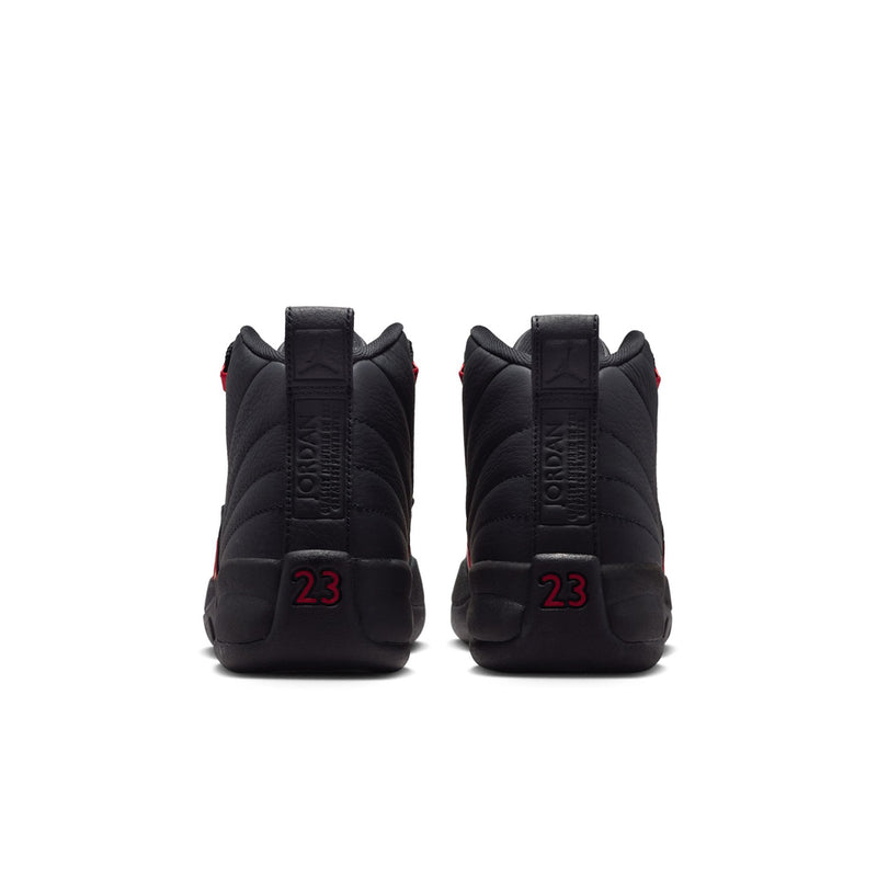 Youth high-top sneakers, heel view: black back panels with red 23 mark