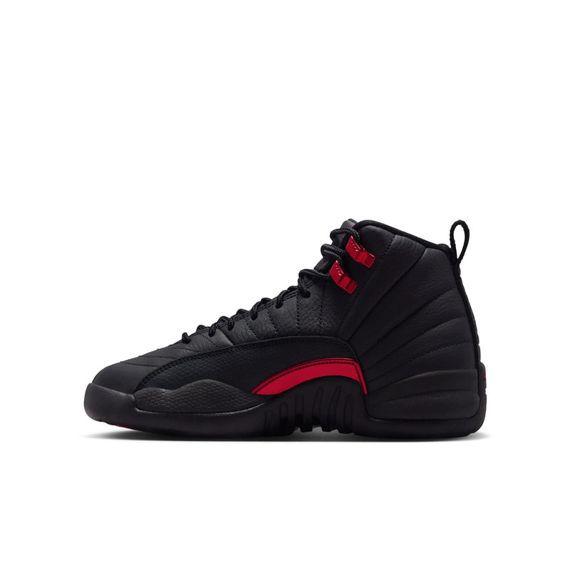 Youth high-top sneakers, front side view: black leather with red stripe detail