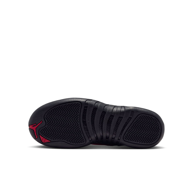Youth high-top sneakers outsole view: dark rubber with red Jumpman logo