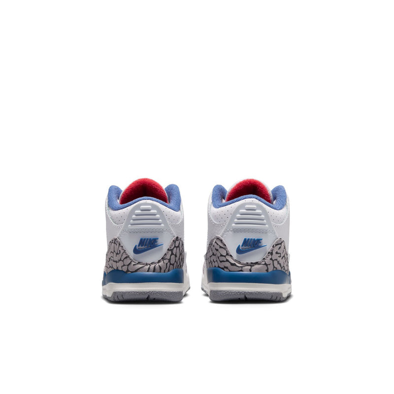 Toddler retro sneakers heel view in white with blue swoosh and red collar lining