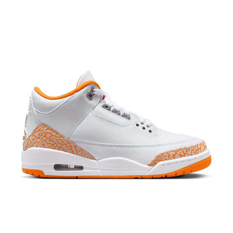 White womens Air Jordan Retro 3 sneakers, orange elephant-print side panel