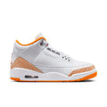 White womens Air Jordan Retro 3 sneakers, orange elephant-print side panel