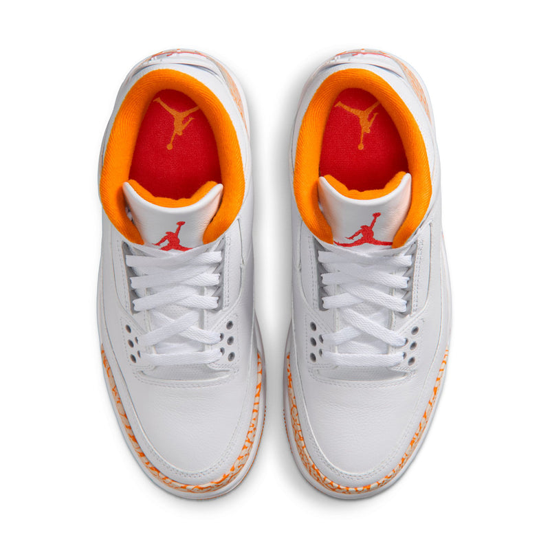 White Air Jordan Retro 3 sneakers with orange inner lining and red Jumpman logos