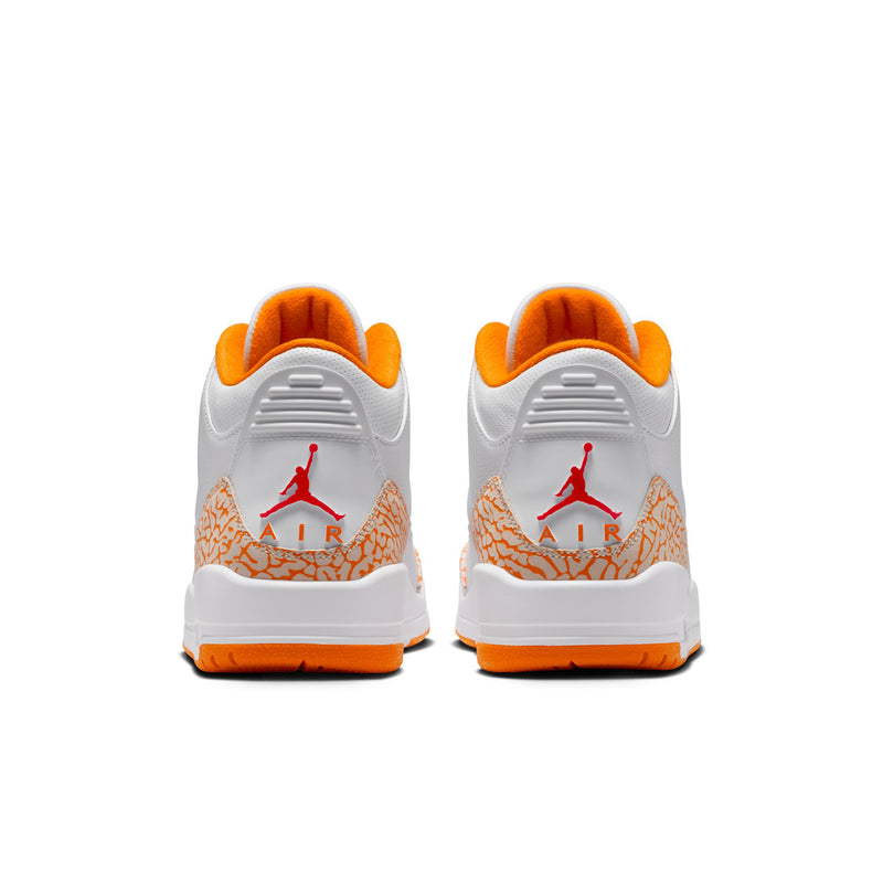 Back view of white Air Jordan Retro 3 sneakers with orange collar lining and Air text