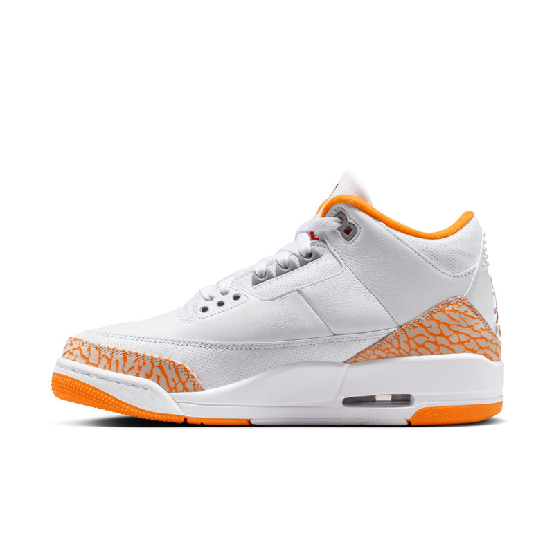 White Air Jordan Retro 3 sneaker, side profile with orange elephant-print panel