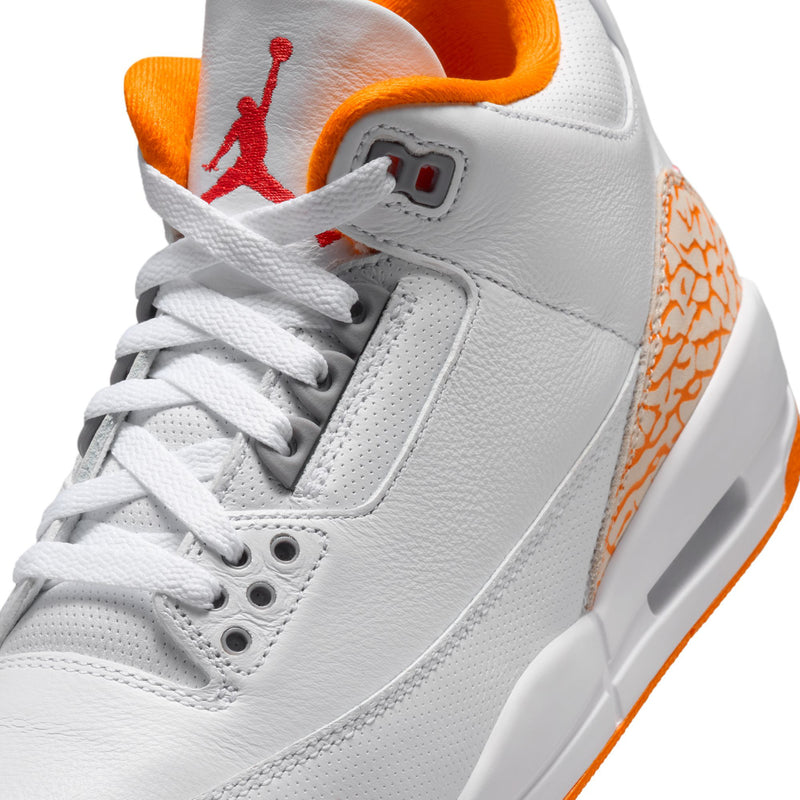 Close-up of white Air Jordan Retro 3 upper with red Jumpman and orange collar