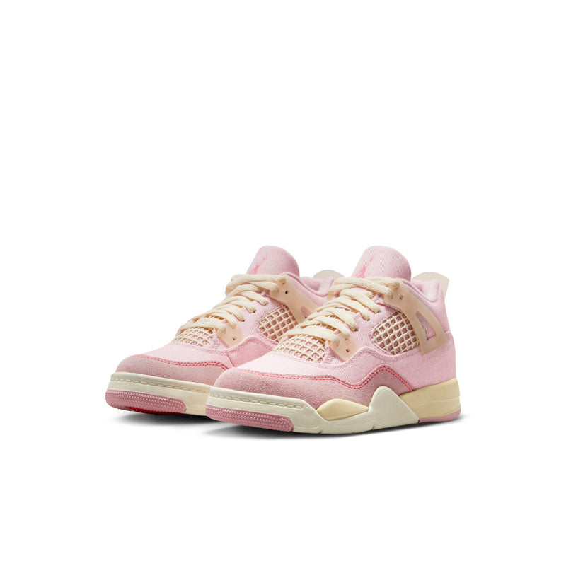 Kids pink and cream sneakers, side view with lace-up closure and mesh details