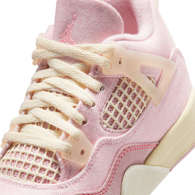 Kids pink and cream sneakers, close-up of laces, mesh panel, and side strap