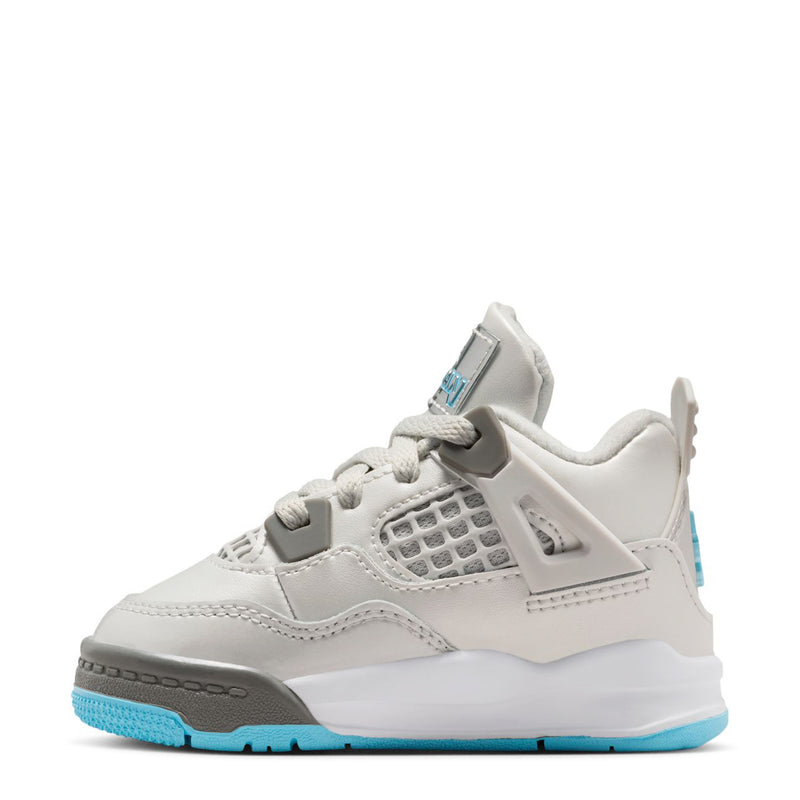 Toddler white and gray sneakers with blue sole edge and mesh panel