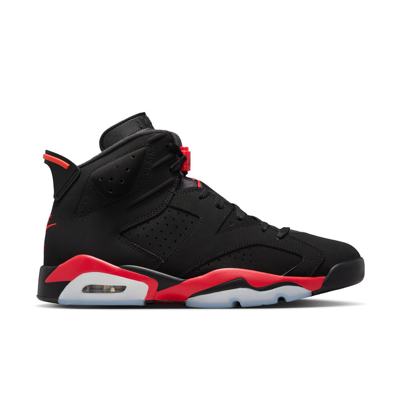 Black high-top sneaker with red accents and white midsole windows
