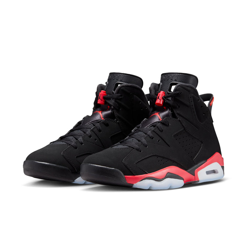 Black high-top sneakers with red collar trim and white/red midsole details
