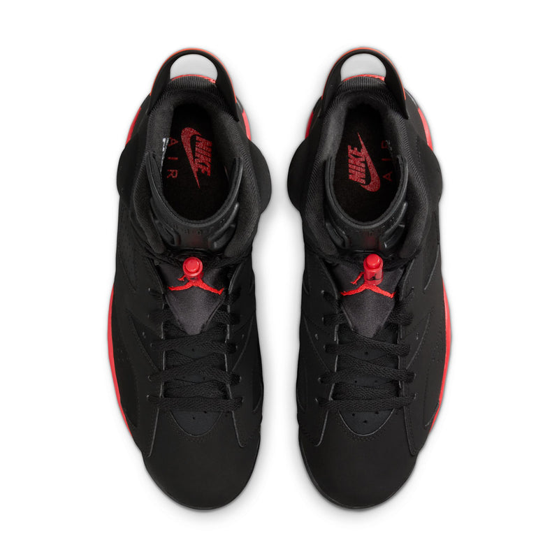 Black high-top sneakers with lace-up front and red Jumpman emblem on tongue