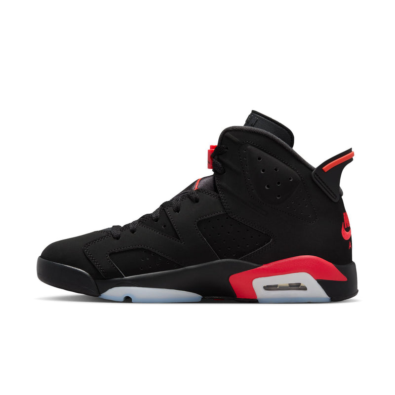 Black high-top sneaker with red pull tab and red/white midsole panels