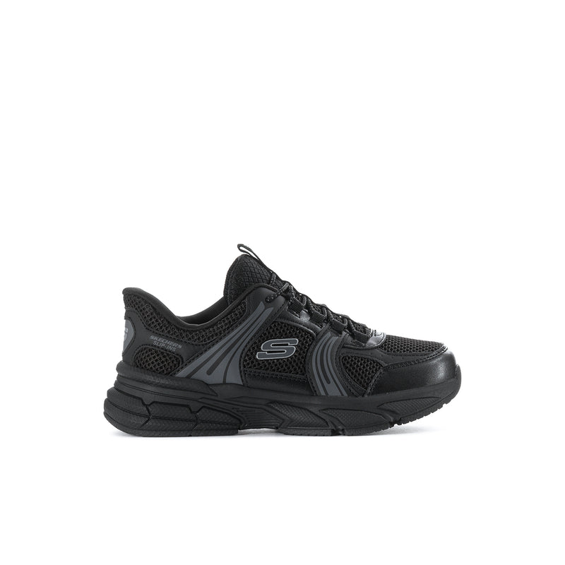 Kids black lace-up sneaker with mesh upper, S logo, and chunky rubber sole