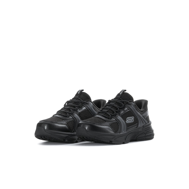 Kids black lace-up sneaker, side view with S logo and textured, chunky sole