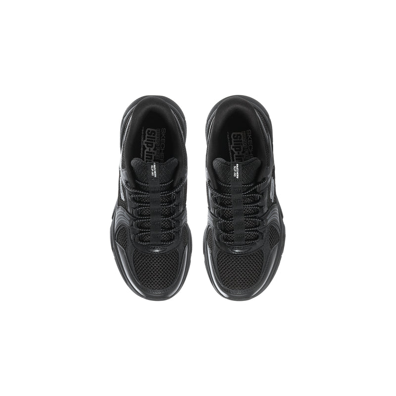 Kids black lace-up sneaker, tongue and laces view, mesh upper, padded collar