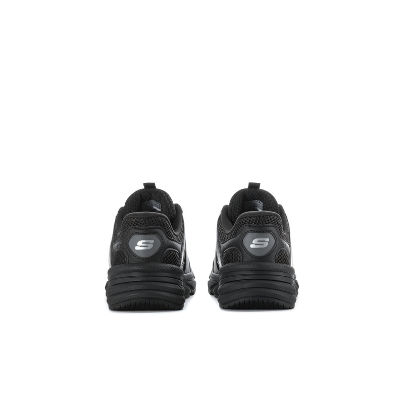 Kids black lace-up sneaker, back view with S logo heel panel and chunky ridged sole