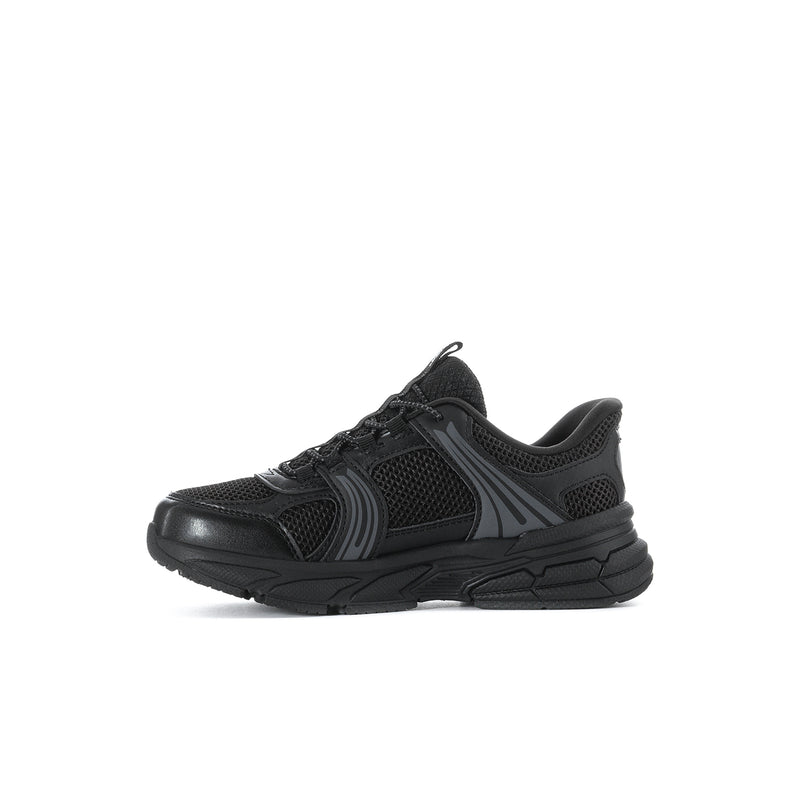 Kids black lace-up sneaker, angled side view with mesh panels and S logo