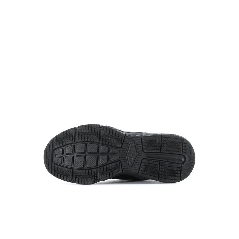 Kids black sneaker outsole, textured rubber tread with flex grooves