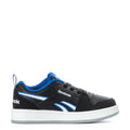 Kids Reebok sneakers in black with blue accents, lace-up low-top, white sole