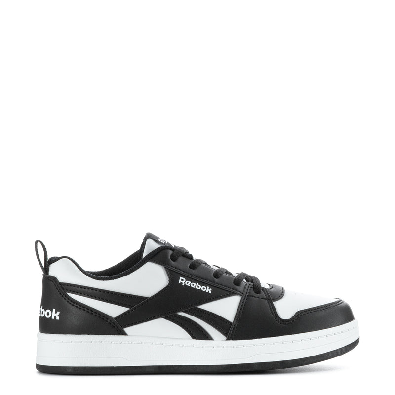 Kids Reebok sneaker, black and white with lace-up and Reebok logo.
