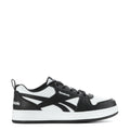 Kids Reebok sneaker, black and white with lace-up and Reebok logo.