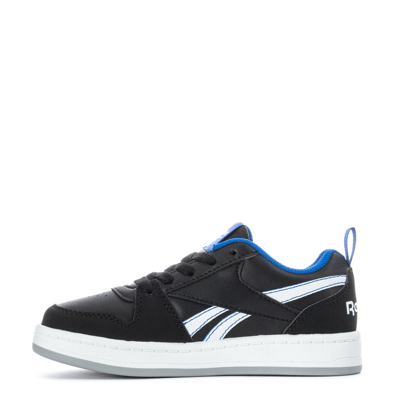 Kids Reebok low-top sneakers, black upper with blue stripe detail and white midsole
