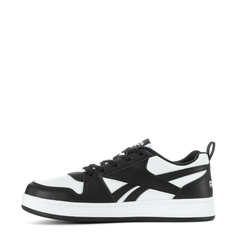Kids Reebok lace-up sneaker in black and white with sporty side stripes.